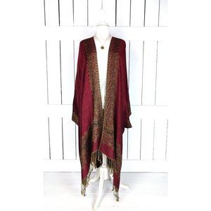 Burgundy and gold border paisley pashmina kimono cover up fringe jacket